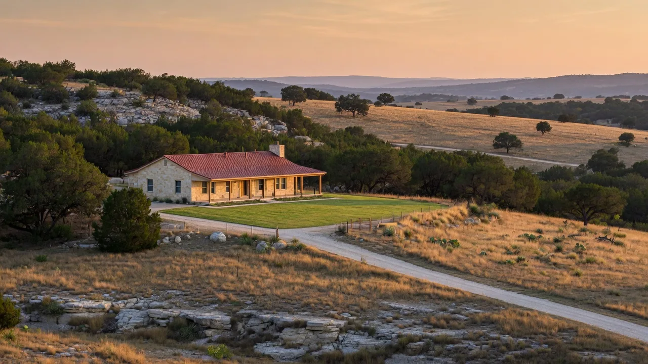 A Texas Hill Country ranch home on a limestone hillside at golden hour surrounded by Ashe juniper woodland, live oaks, and native grasses with a cleared defensible-space band around the house