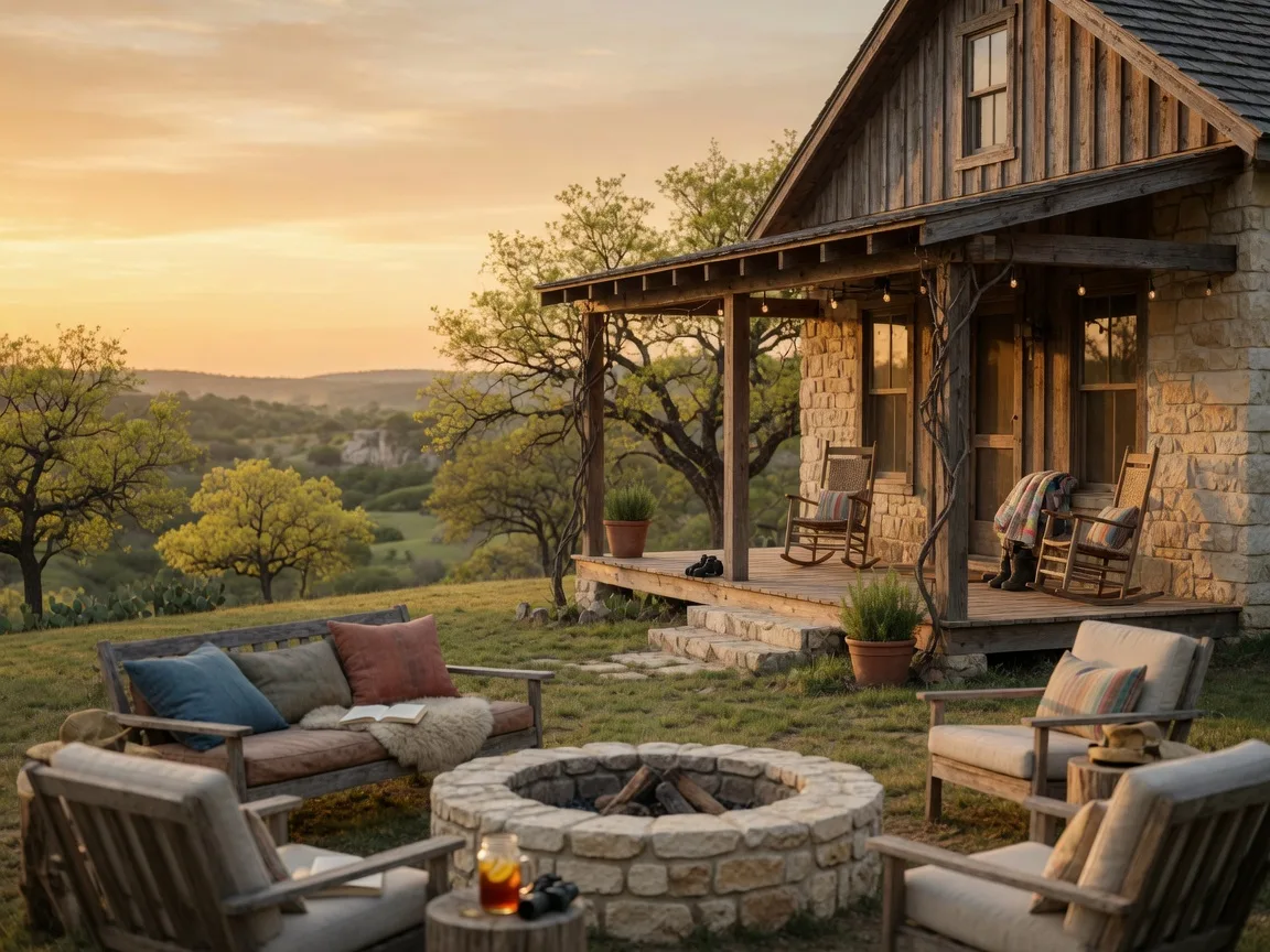 Cozy limestone Hill Country cabin with covered porch and rocking chairs overlooking rolling hills