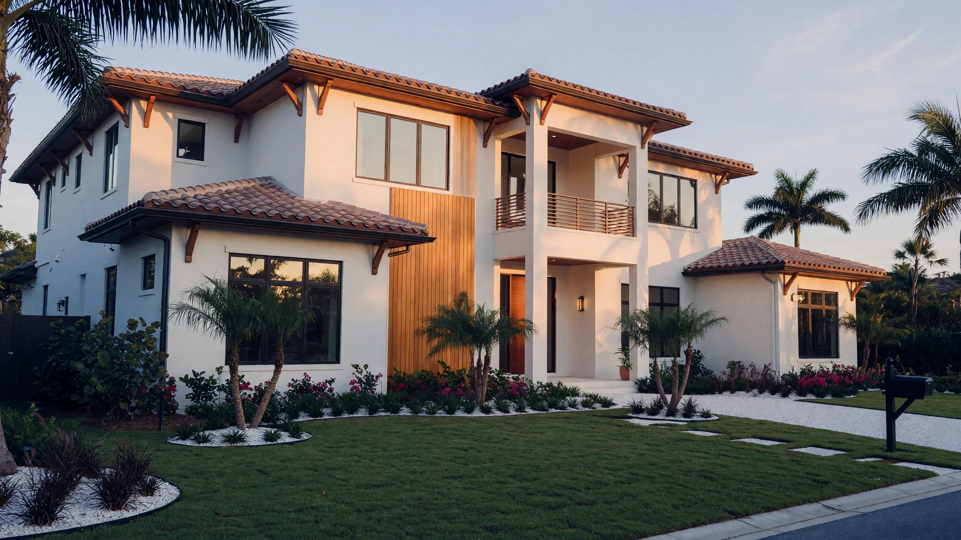 Newly built luxury single-family home in Naples, Florida with white stucco walls, a tile roof, palm trees, and warm golden-hour light