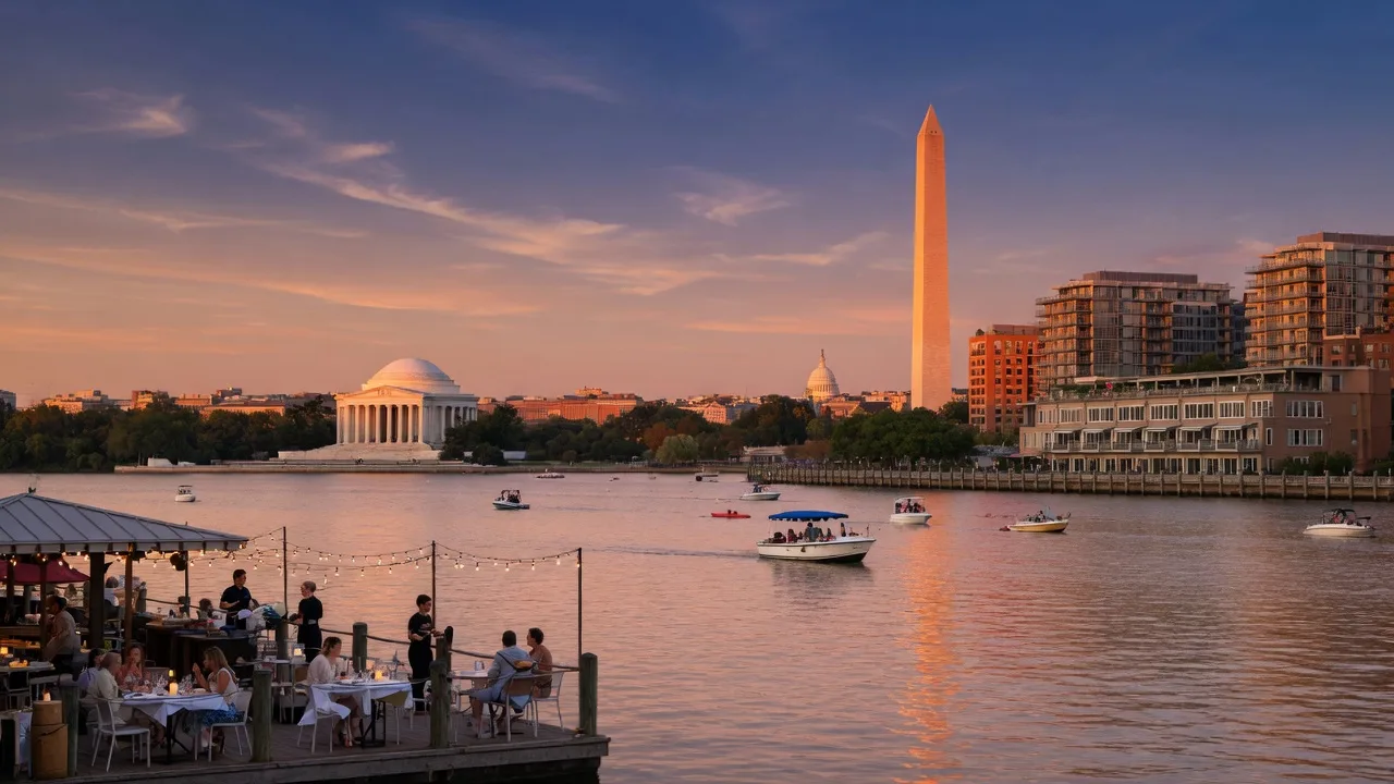 Washington DC skyline at golden hour from the Potomac River waterfront at The Wharf, with the Washington Monument, Jefferson Memorial, and outdoor waterfront dining patios visible