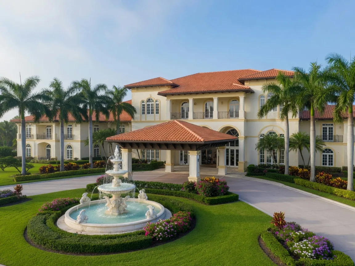 Grand Mediterranean clubhouse with fountain and palms at Kings Point in Delray Beach