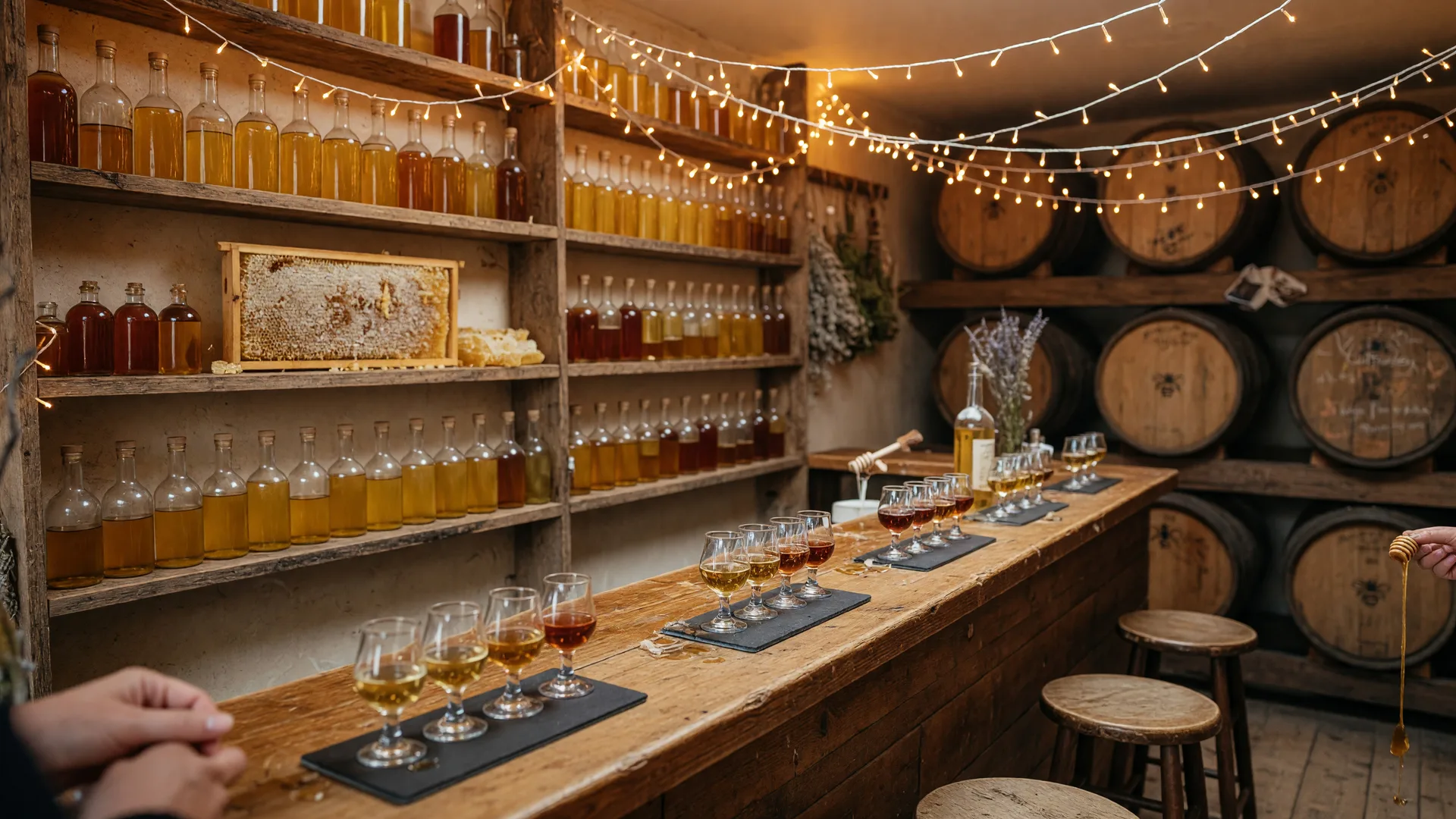 Rustic meadery tasting room interior with wooden barrels, amber string lights, honeycomb displays, and mead flights on a wooden bar