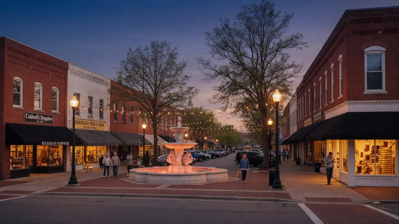 Historic red-brick storefronts around Fountain Square Park in downtown Bowling Green at dusk
