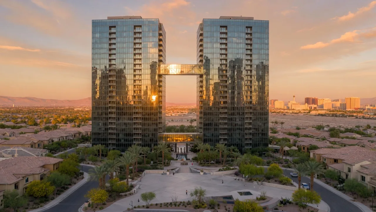 Twin 21-story Summit House luxury high-rise towers in Summerlin connected by a glass skybridge at golden hour