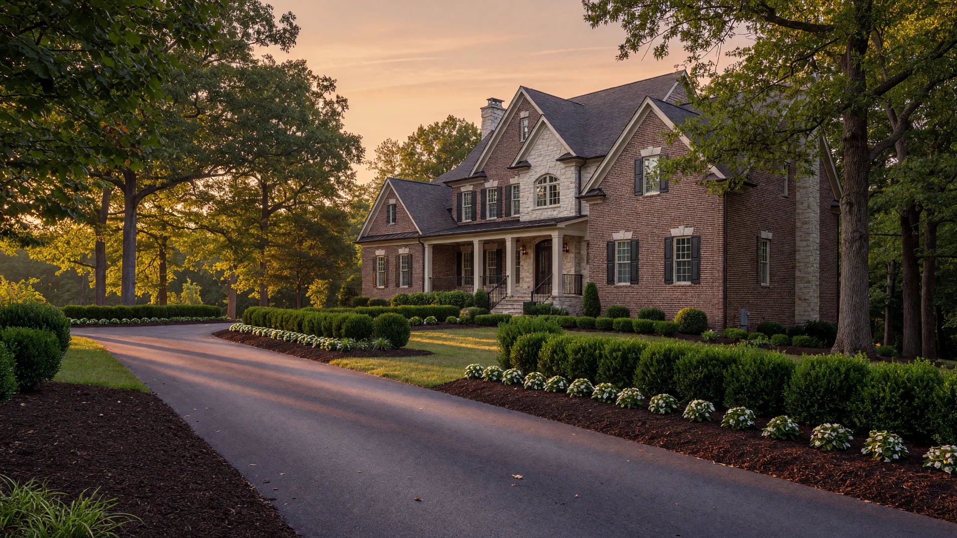 Belle Haven Overlook Stafford Virginia upscale estate home on a large wooded lot with a long paved driveway in golden-hour light