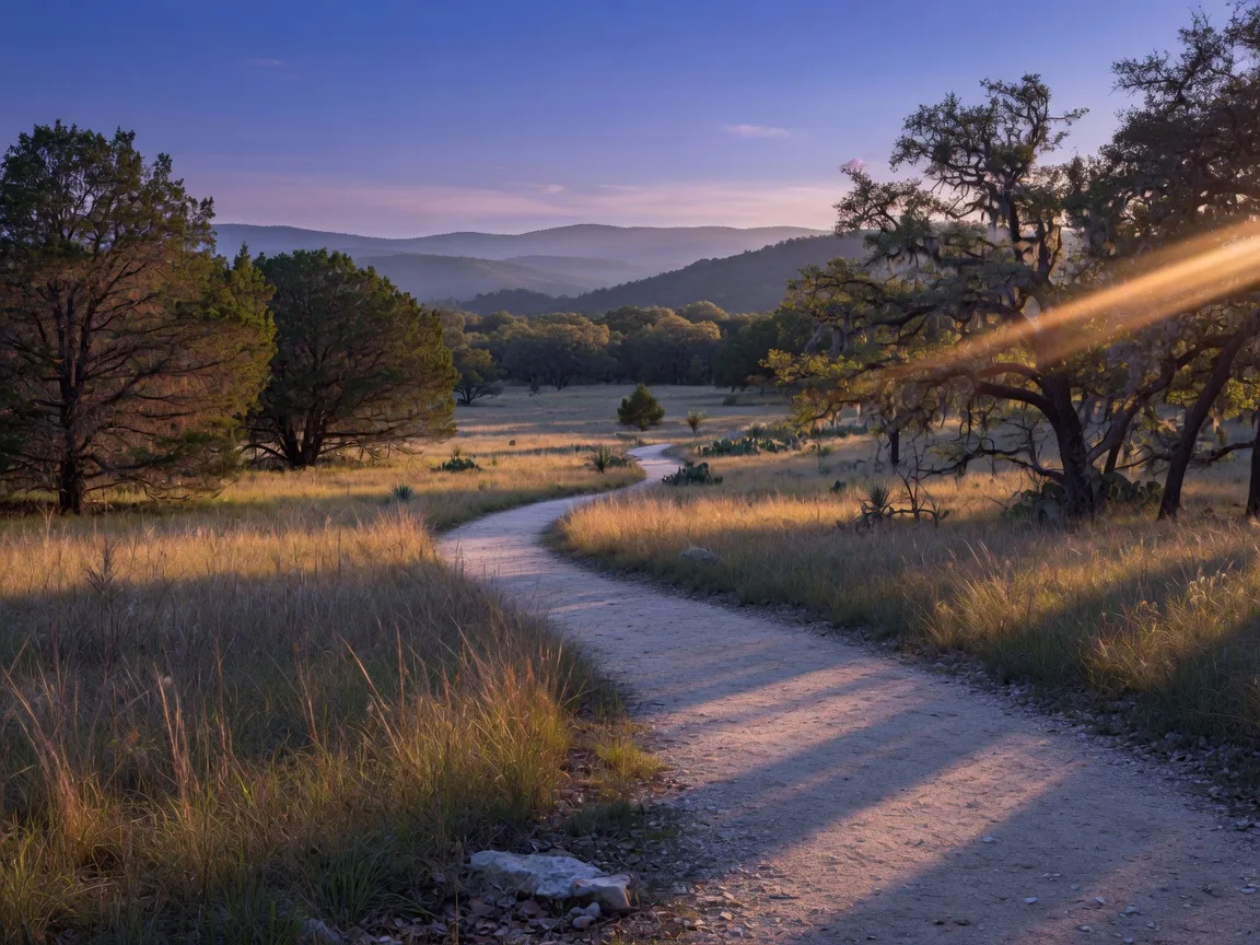 A walking trail curving through Hill Country grassland at dusk at the community