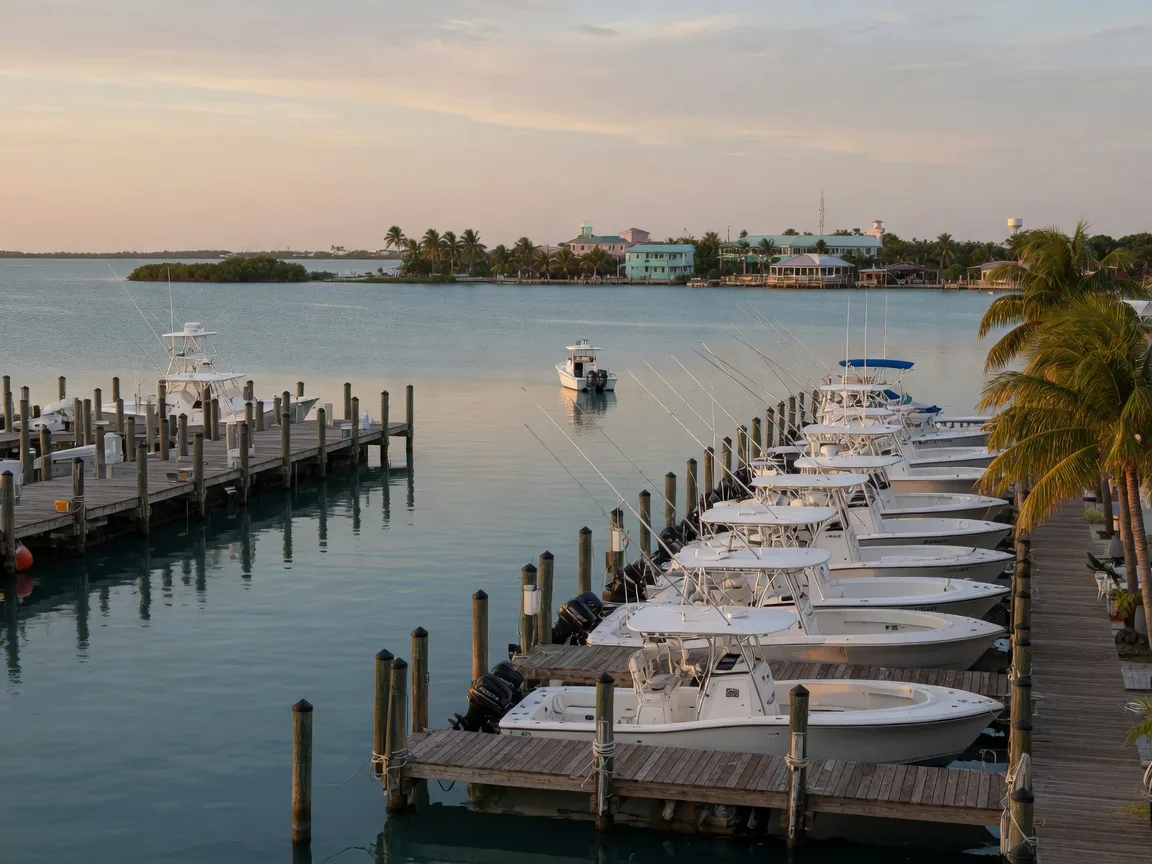 A Florida Keys marina in the calm fall quiet season, rows of clean white sportfishing boats moored at weathered wooden docks, a few boats out on glassy turquoise water, palm trees and a low island skyline under soft late-afternoon light