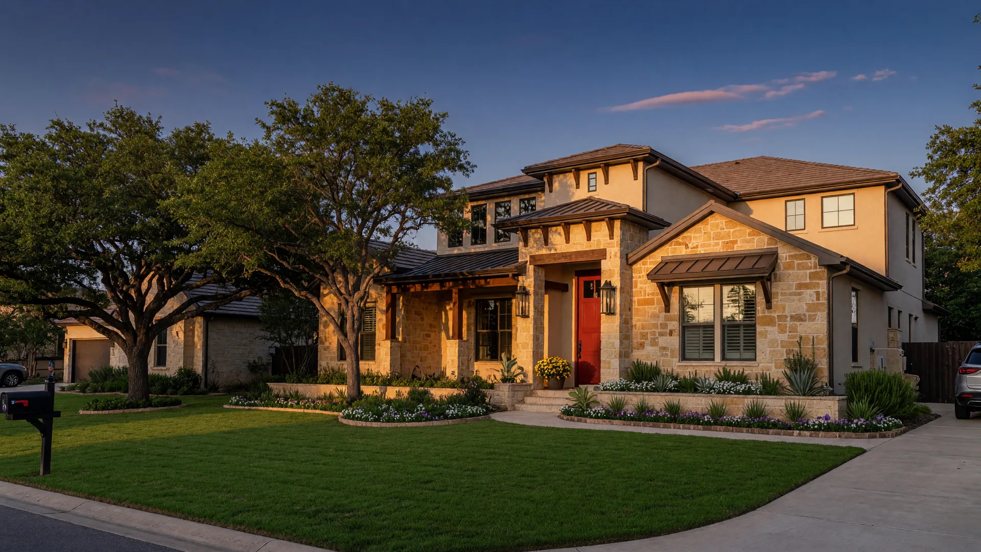Modern home at golden hour with a welcoming front yard