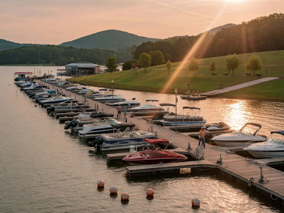 Rows of boats in slips along a wooden boardwalk at a lakefront marina on the north end of Lake Lanier near Gainesville in golden light