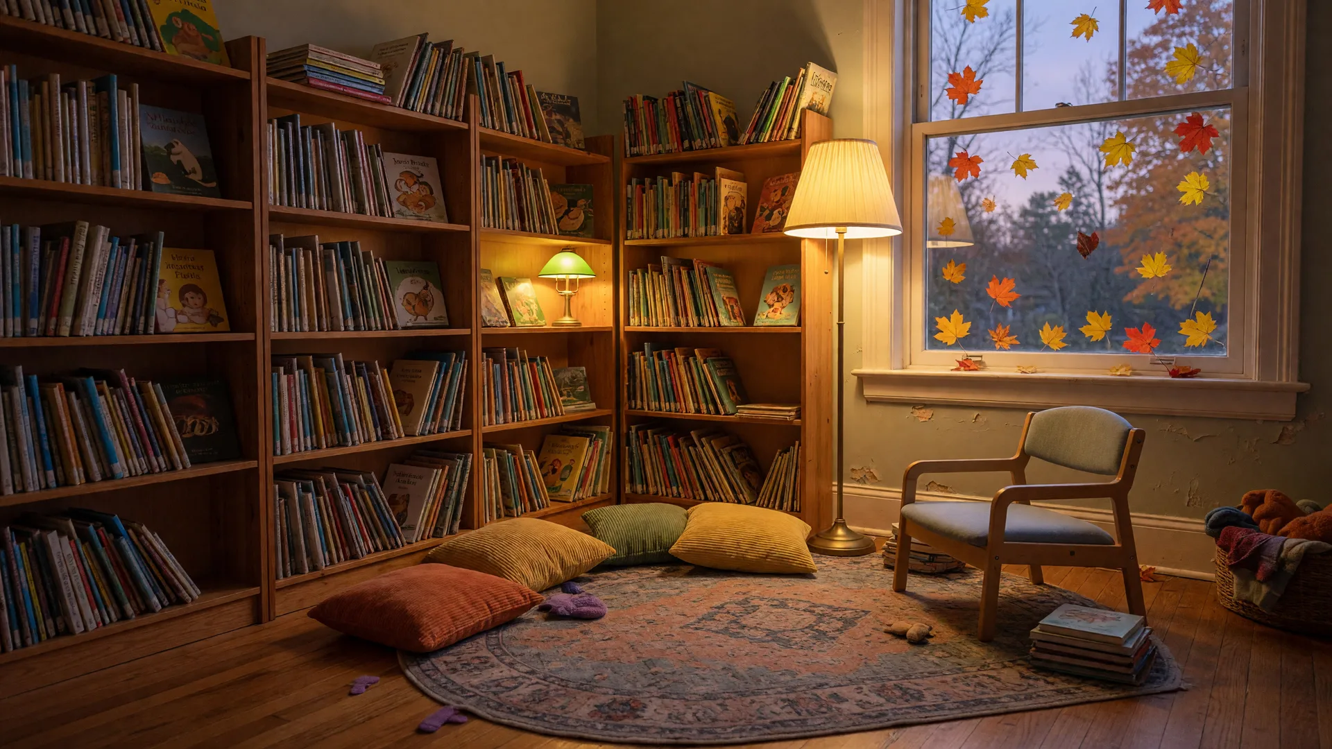 Cozy library storytime room with low picture-book shelves, a reading rug with cushions, and warm lamplight at early evening