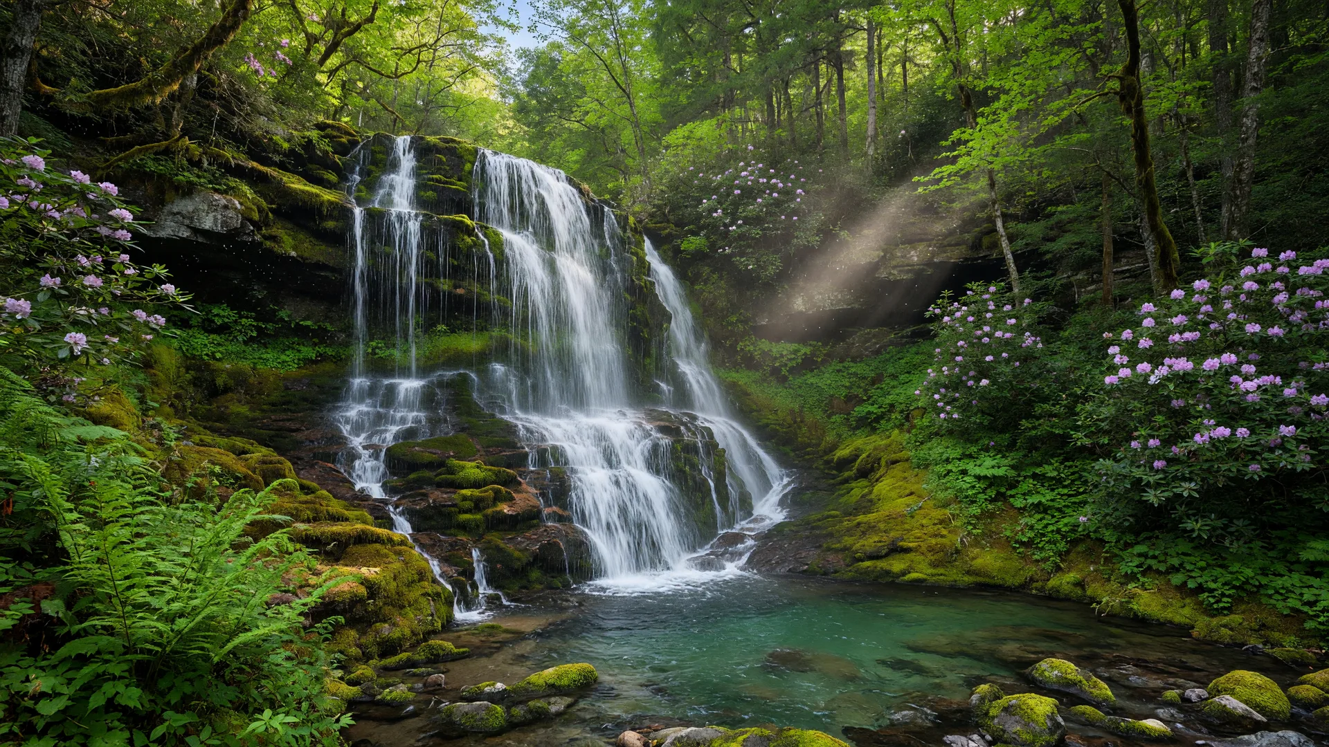 A waterfall spilling over mossy ledges into a clear pool in a green mountain forest