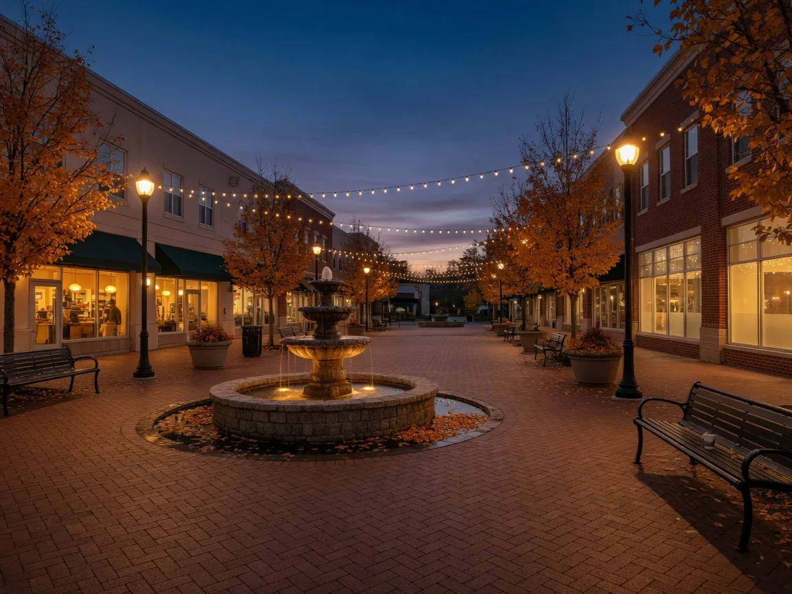 An early-autumn dusk view of The Greene Town Center in Beavercreek Ohio, an open-air lifestyle center with brick paver walkways, a glowing central fountain, two-story storefronts with warm lit windows, overhead string lights and golden trees in planters