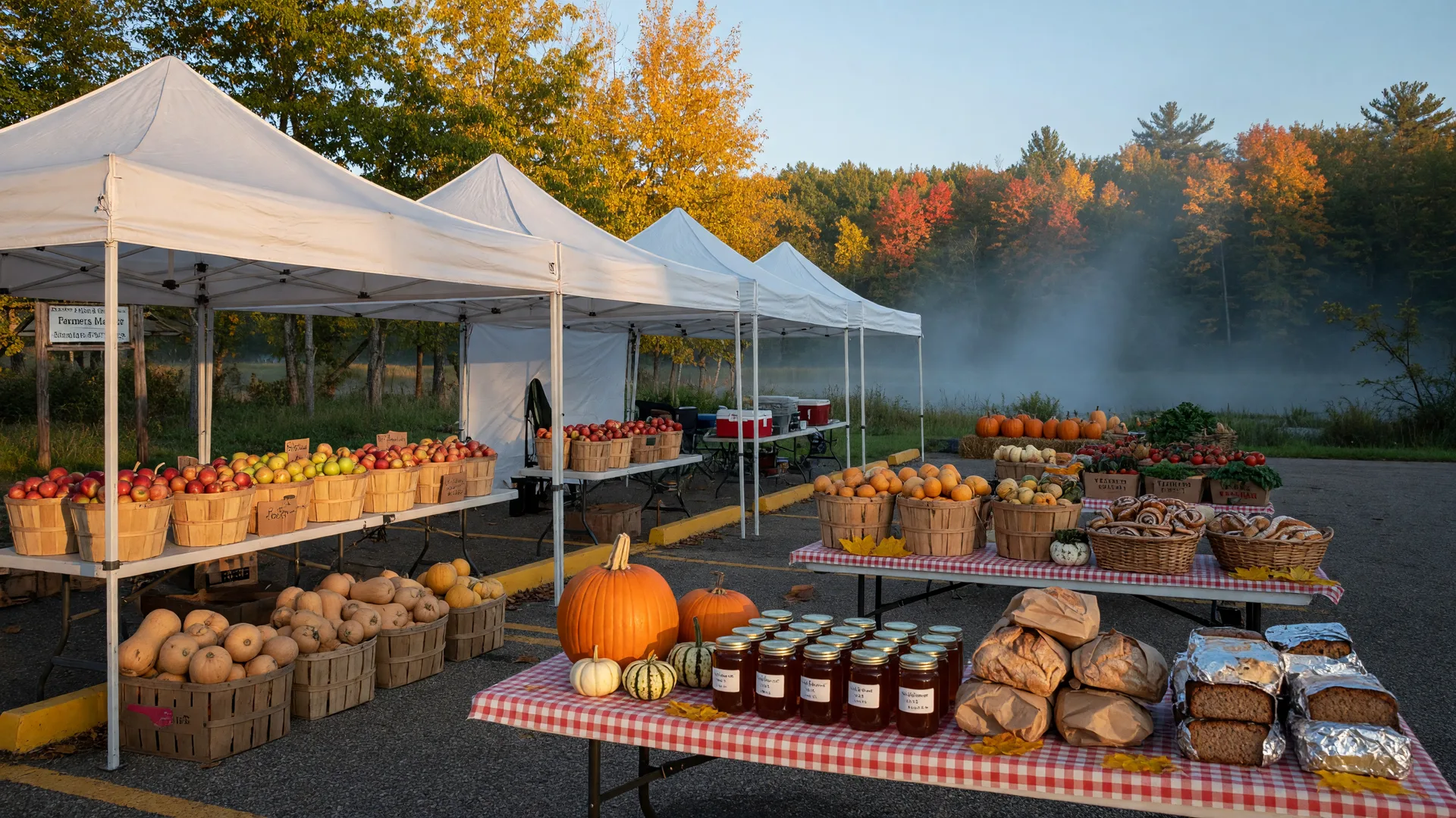 A September farmers market in northern Wisconsin, tables of autumn produce under white canopy tents
