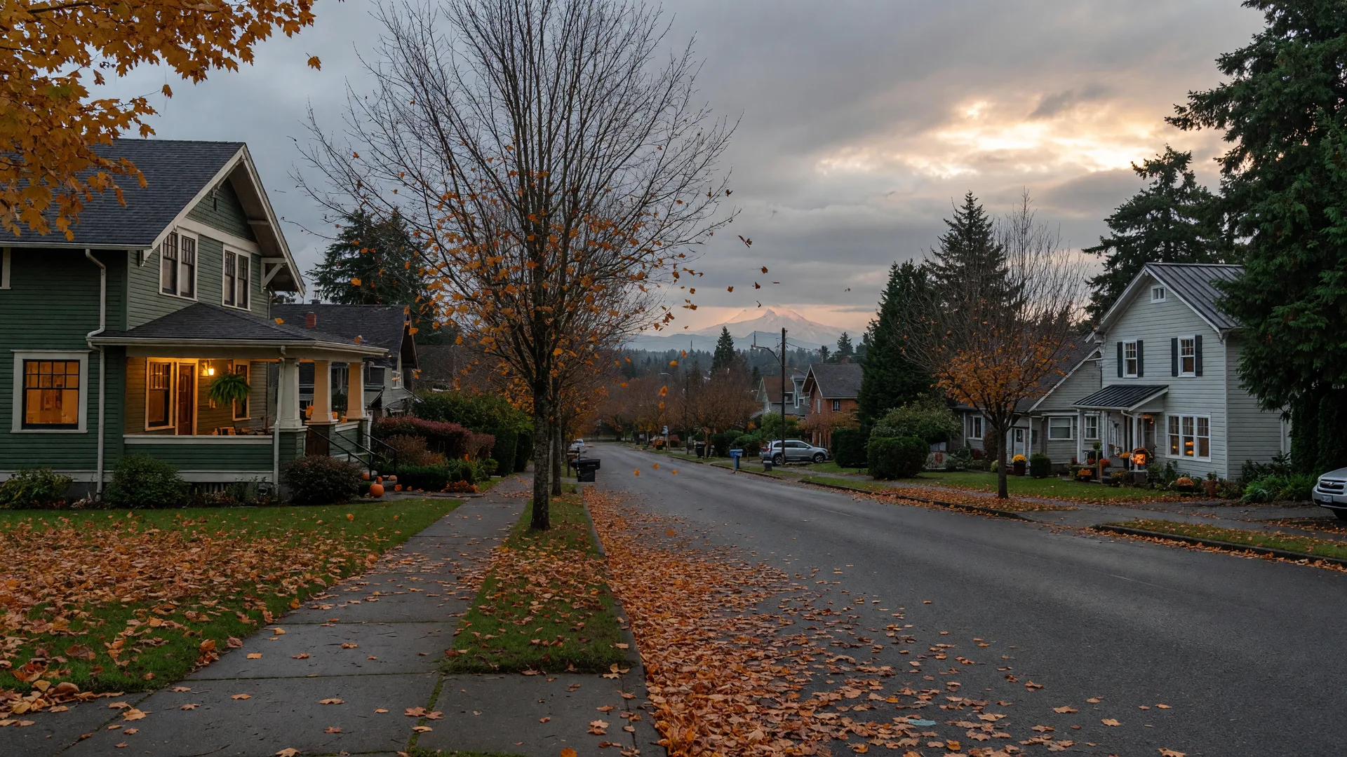 A quiet Portland-area residential street in mid-October turning toward winter, bare maples in amber, a for-sale sign in a tidy front yard, warm window light at dusk, and a faint Mount Hood on the horizon