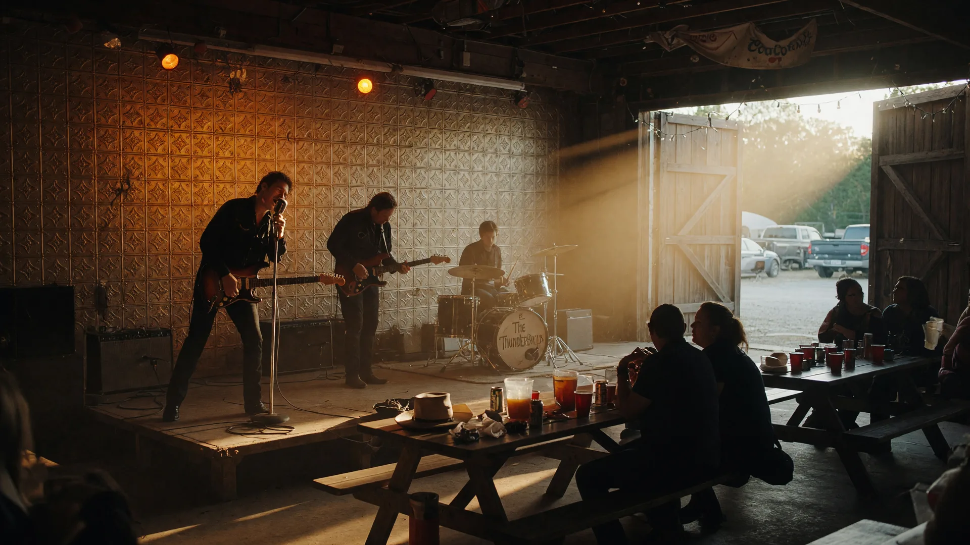 A classic rock tribute band silhouetted on the stage of a rustic icehouse music hall with warm stage lights and a relaxed crowd