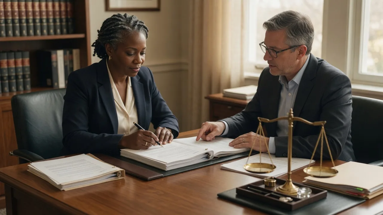 Two people reviewing and signing documents in a professional office