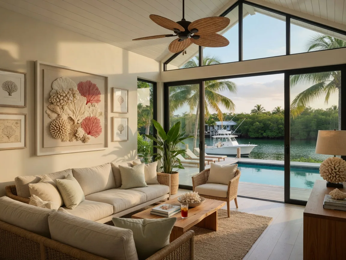 Luxury Florida Keys waterfront living room with floor-to-ceiling impact glass doors opening to a private pool and deep-water canal, coastal contemporary decor in neutral tones