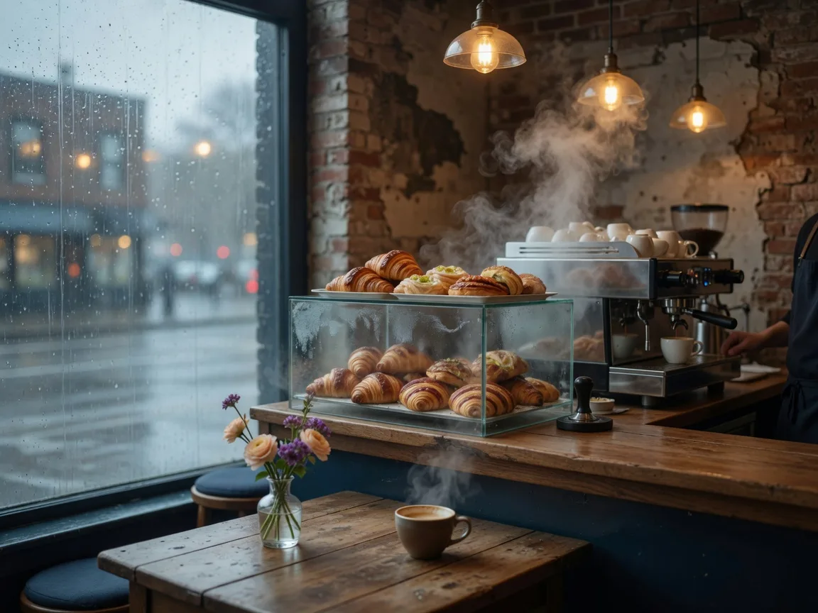 A cozy Moorestown coffee shop on a rainy morning, with rain on the window, an espresso counter, and a pastry case with croissants