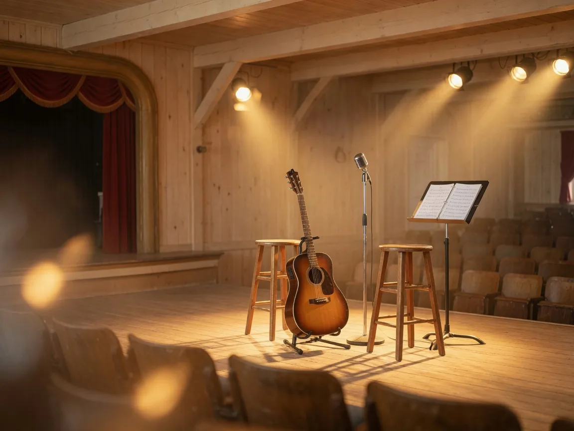 Intimate acoustic stage with guitar and microphone at a Stars Over Wimberley benefit concert