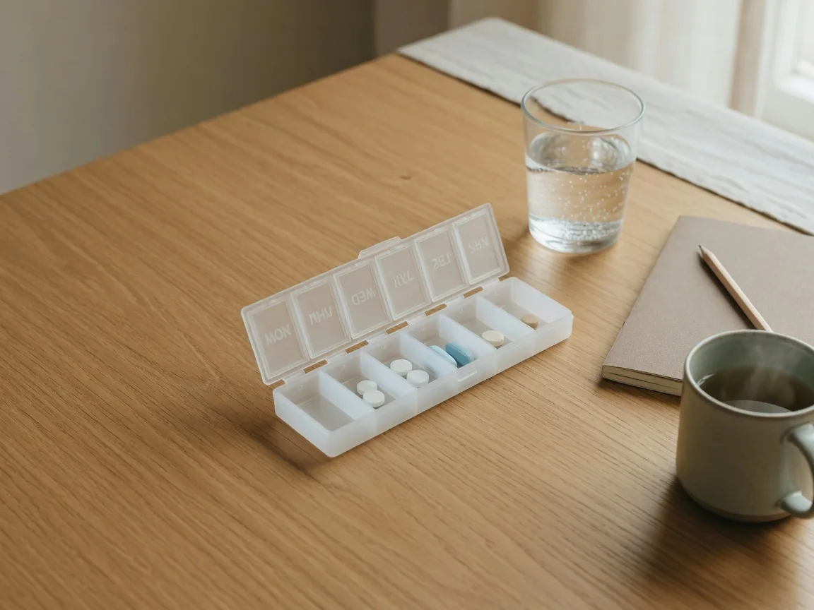 An open weekly pill organizer with a few tablets beside a clear glass of water, a notebook, and a ceramic mug on a warm oak table in soft morning light
