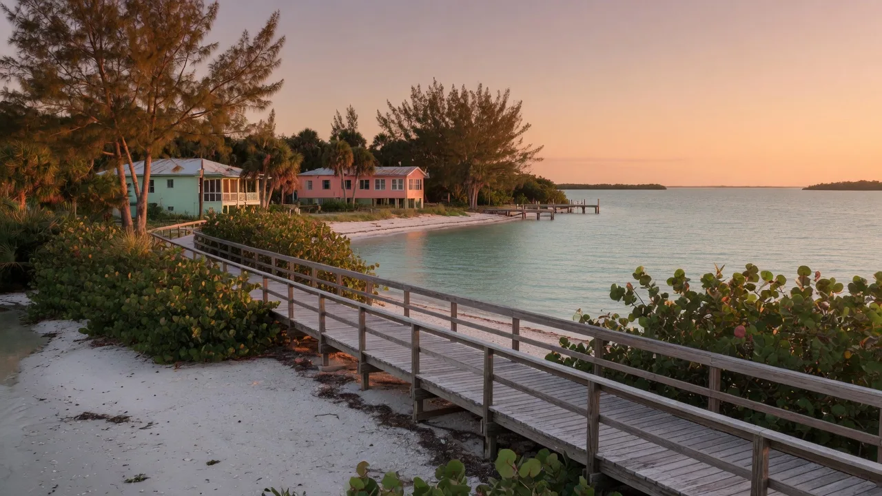 Englewood's uncrowded Gulf Coast at golden hour, a weathered wooden boardwalk threading through sea grapes and Australian pines toward turquoise water and distant Old Florida homes