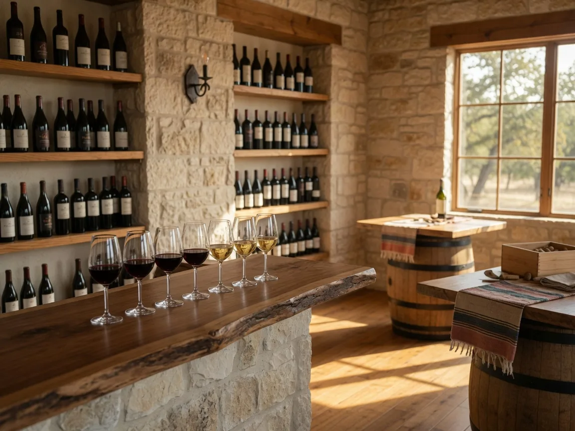 A Hill Country tasting room bar with glasses of red and white wine on a live-edge wood bar against a stone wall