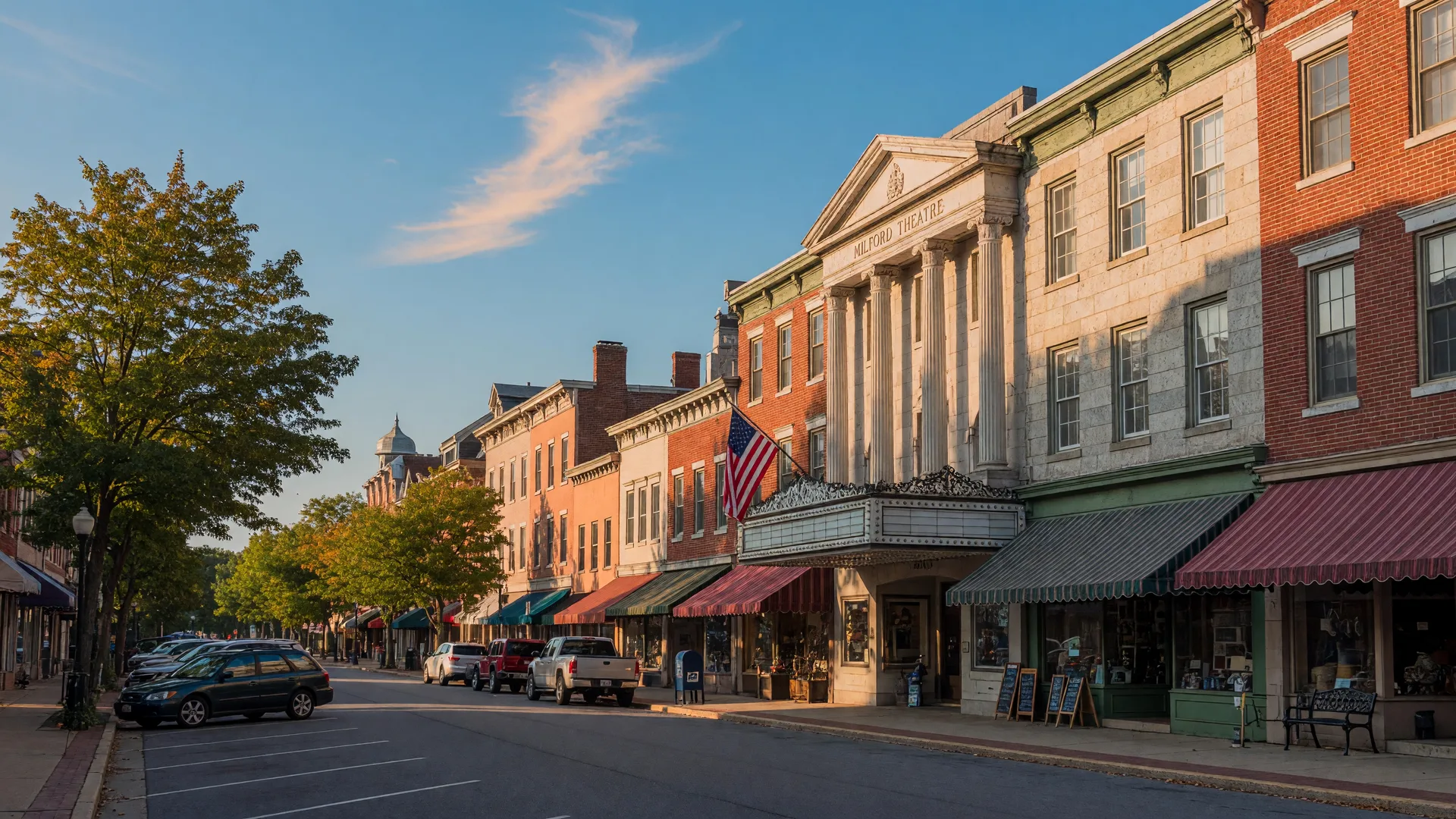 Scenic view of downtown Milford, Pennsylvania with historic brick storefronts on a late summer afternoon