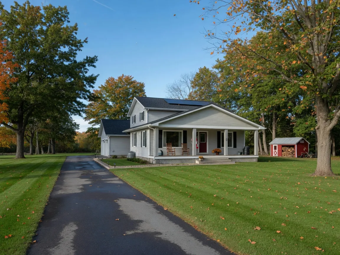 Modern country home in Durham Region with a covered porch, long paved driveway, and mature oaks and maples in early autumn colour