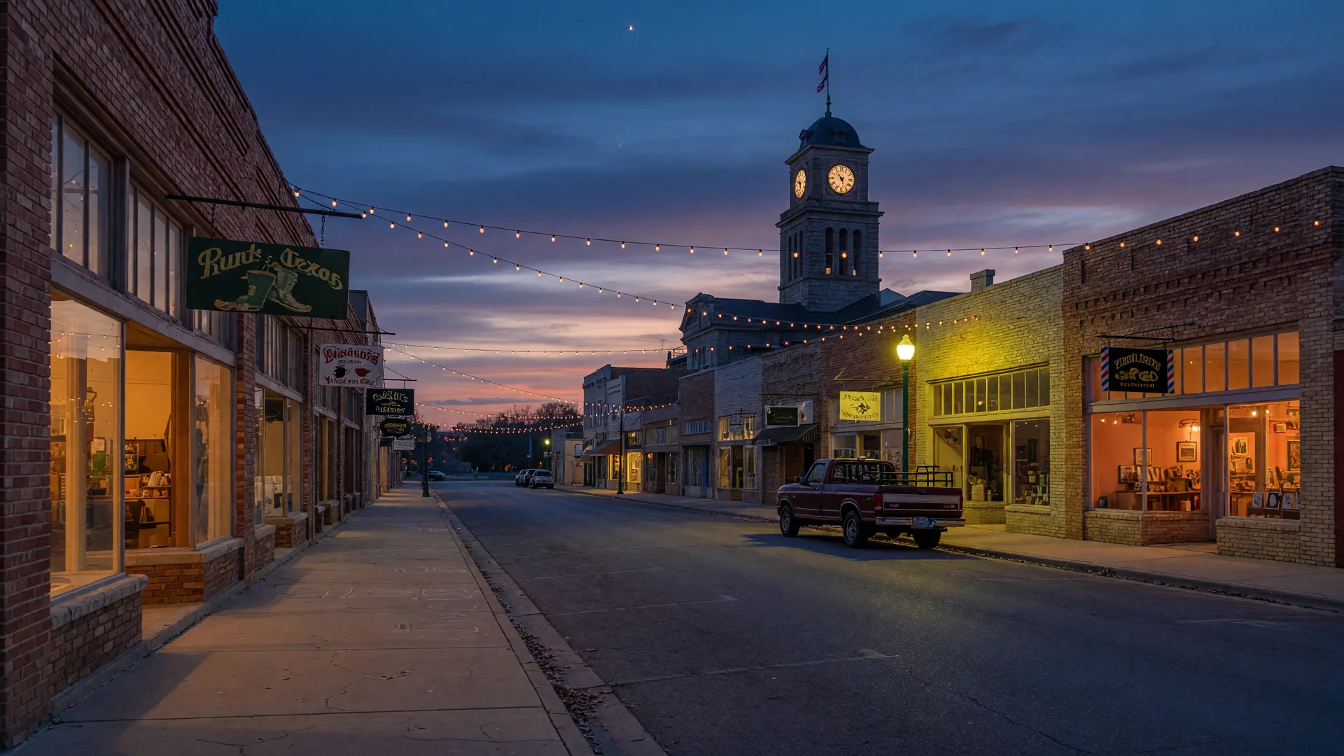 A small Texas town main street at dusk with glowing storefronts and a courthouse tower