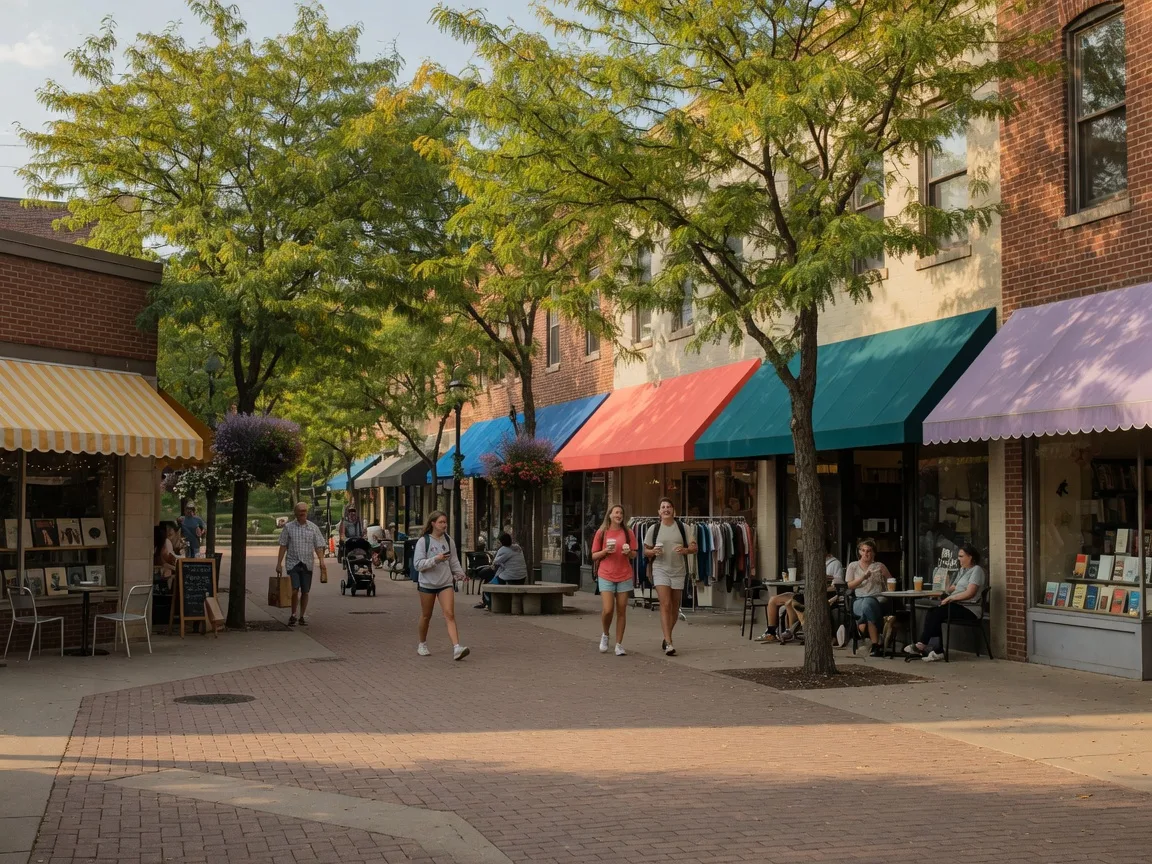 Downtown Iowa City's pedestrian mall with brick walkway, shops, cafes, and mature trees