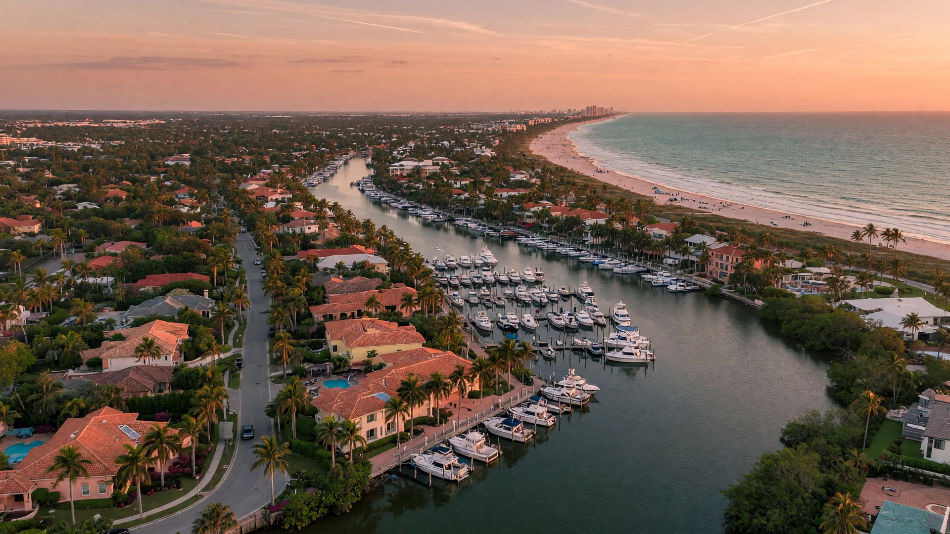 Aerial view of Bonita Springs, Florida at golden hour with the Imperial River winding past a marina, palm-lined streets, and tile-roofed homes near the Gulf of Mexico
