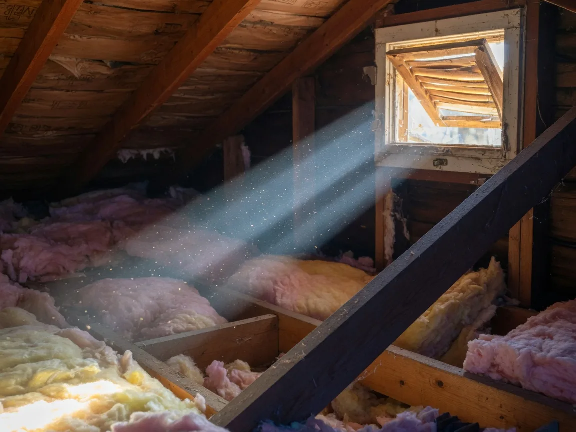 A flashlight beam crossing attic insulation between wooden joists in a mid-century Delran home