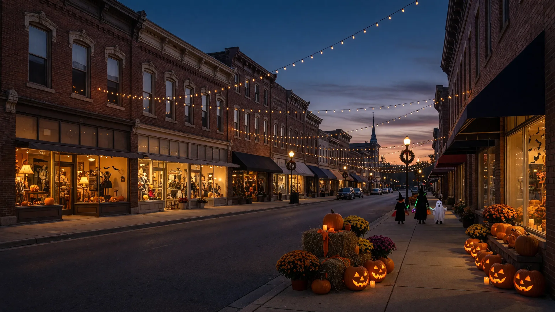 Historic downtown Springfield Ohio main street on Halloween evening with brick storefronts, glowing jack-o-lanterns, mums, and string lights under a twilight sky