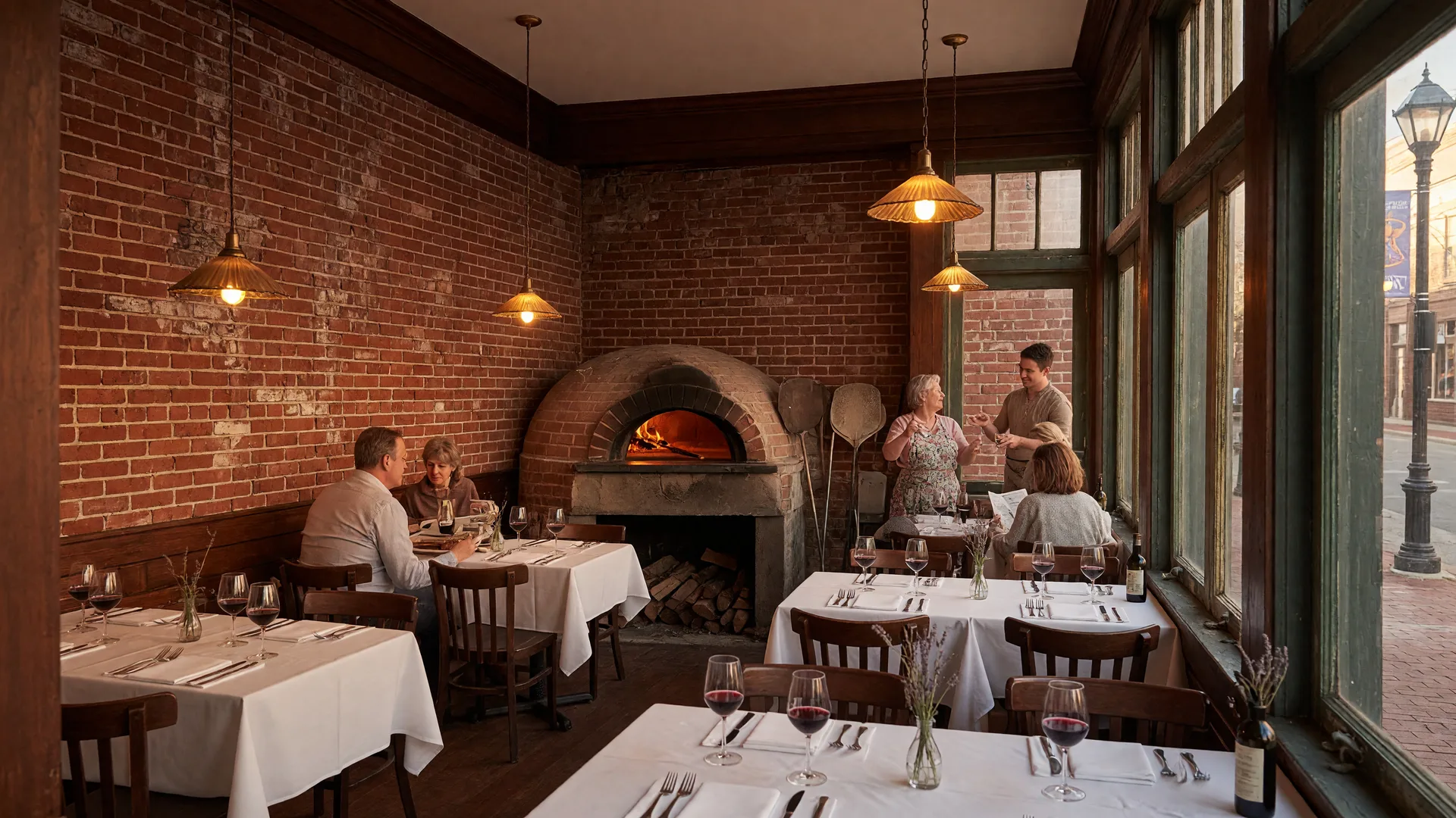 A warm family-run Italian restaurant interior with exposed brick, dark wood, and a glowing brick pizza oven