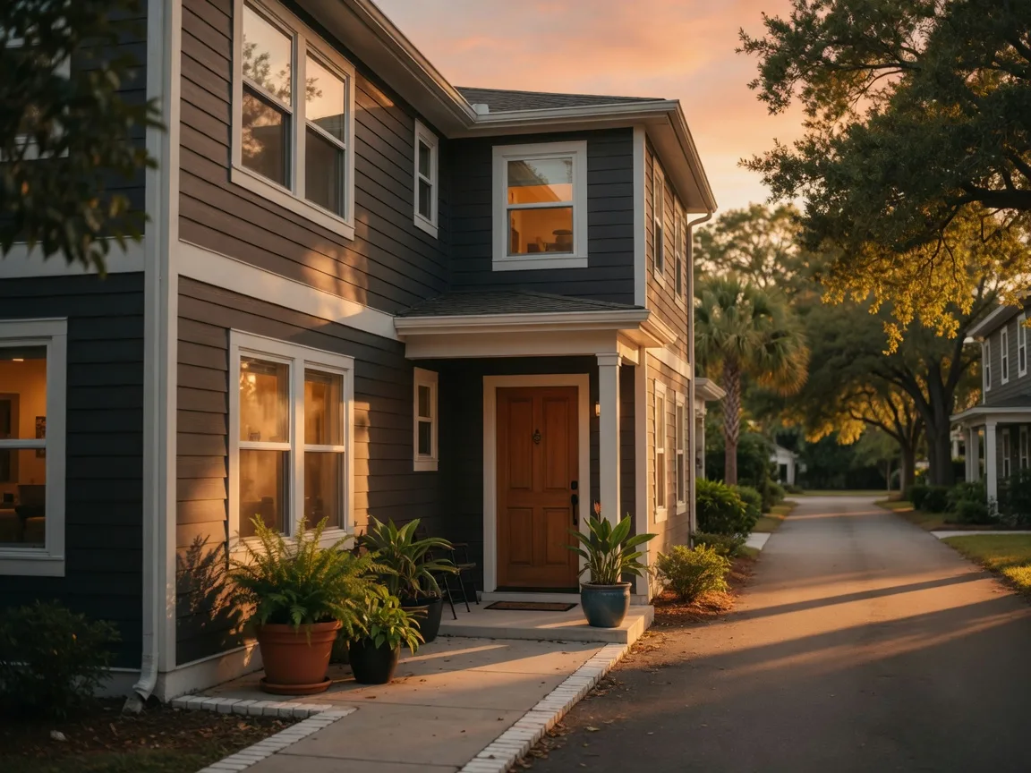 A compact Florida townhome with charcoal siding and a warm wood door at golden hour