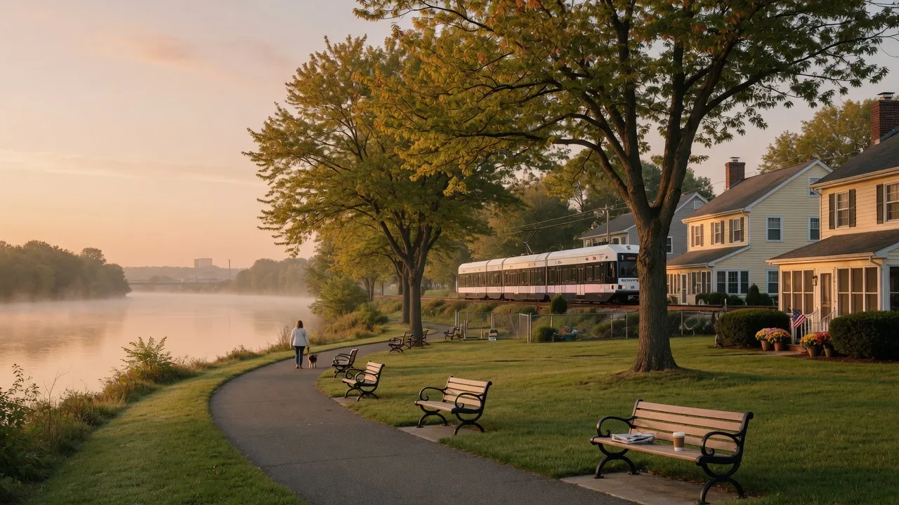 Cinnaminson NJ riverside park at golden hour with a River LINE light rail train in the background