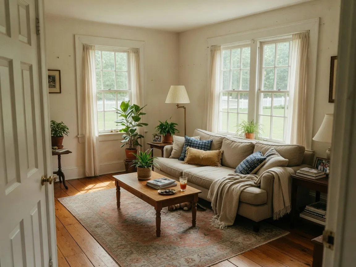 Bright, comfortable living room in a South Jersey colonial home with natural light and gold and navy accents