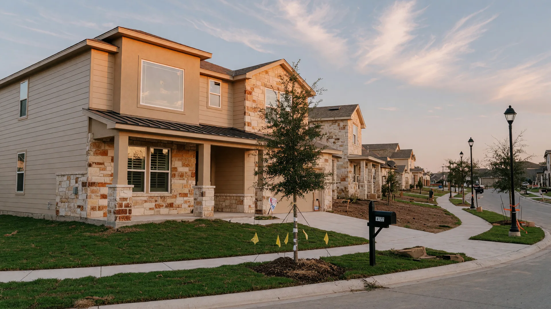 A freshly built stone and stucco home in a new San Antonio subdivision, a common sight in San Antonio real estate, on a clear late afternoon with a young live oak at the curb and golden light on the facade