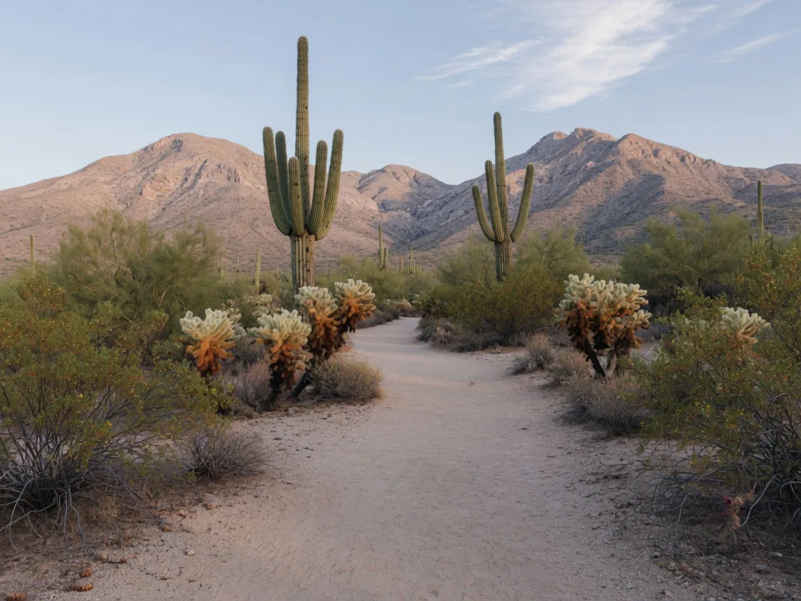 A desert path winding through cholla and creosote toward the White Tank Mountains