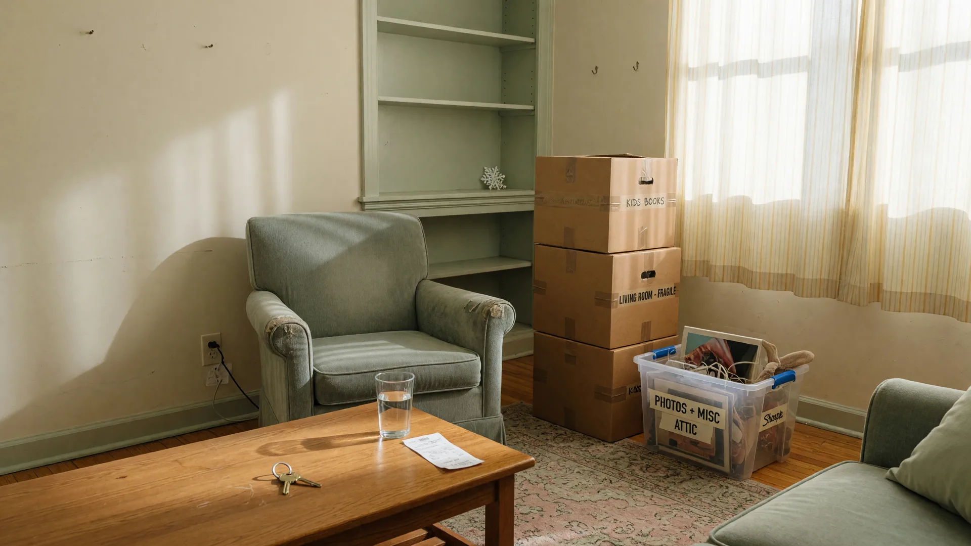 A sunlit living room with neatly packed moving boxes and a house key, ready for a family preparing to sell their home