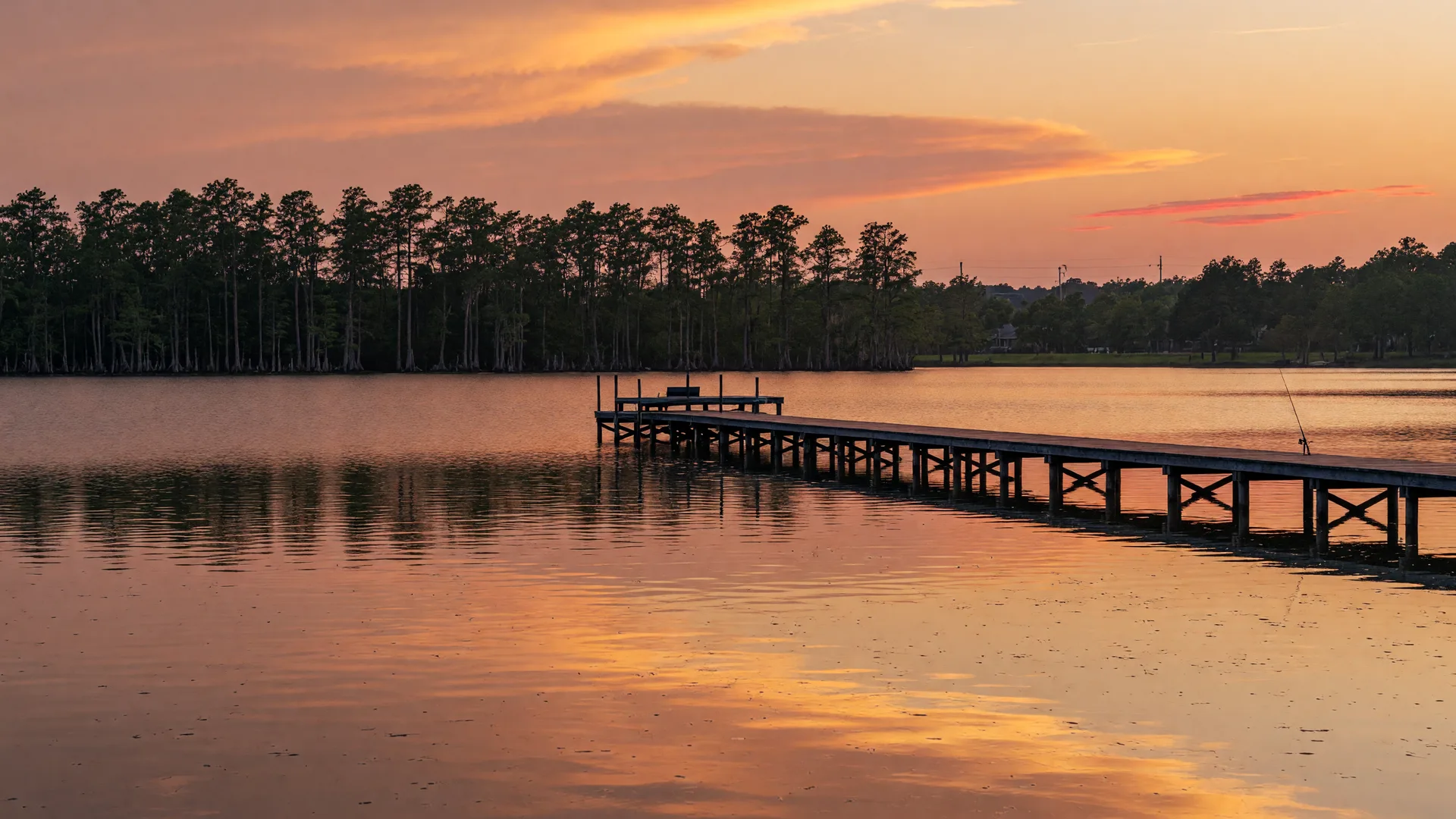 Lake Houston at golden hour, seen from a Kingwood shore