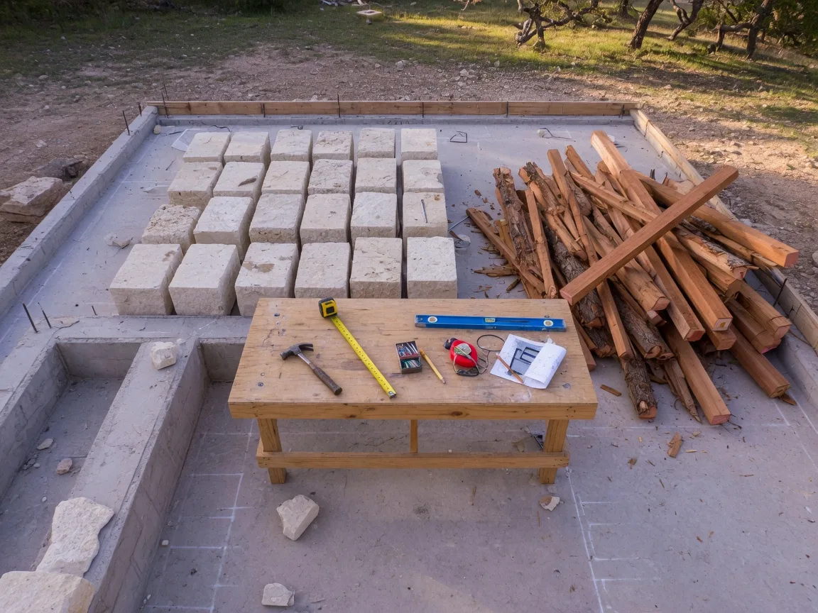 Hill Country construction site with exposed foundation, stacked limestone blocks, cedar lumber, and contractor tools on a workbench