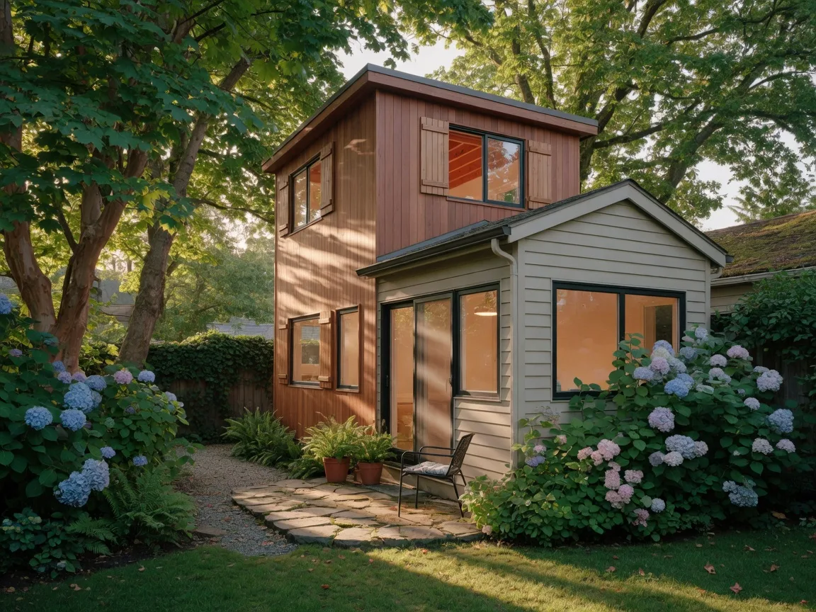 A modern detached garden suite tucked into a leafy Victoria BC backyard with a small stone patio and mature trees