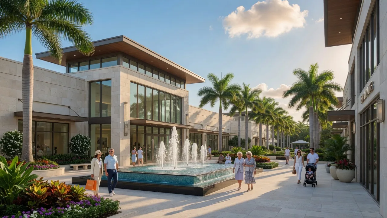 The Gardens Mall in Palm Beach Gardens with palm trees and fountains.