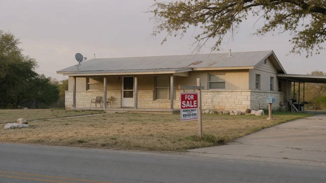 A Texas Hill Country ranch home with a for sale sign in the front yard under a flat, overcast sky