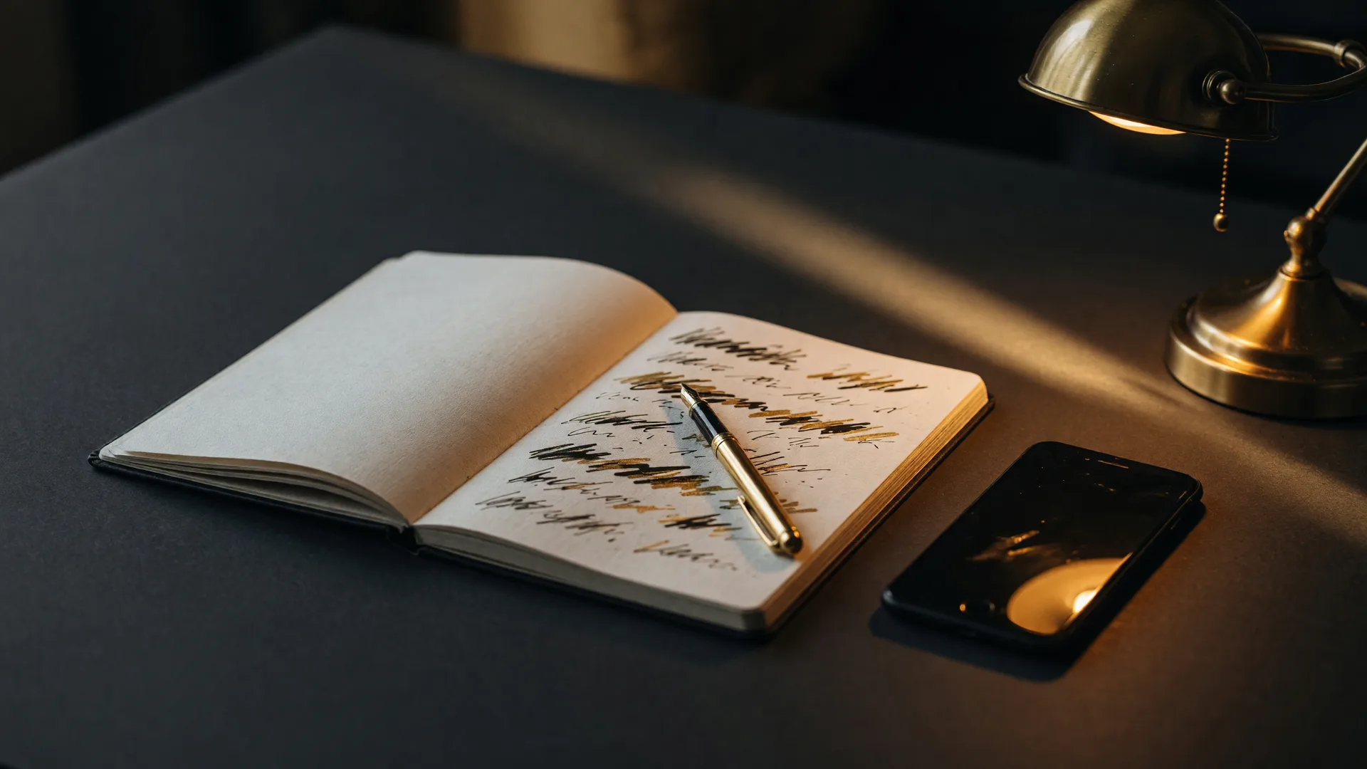 A charcoal desk with a linen notebook of objections crossed through in gold ink, a brass pen, and a warm lamp, the quiet tools of answering objections with certainty