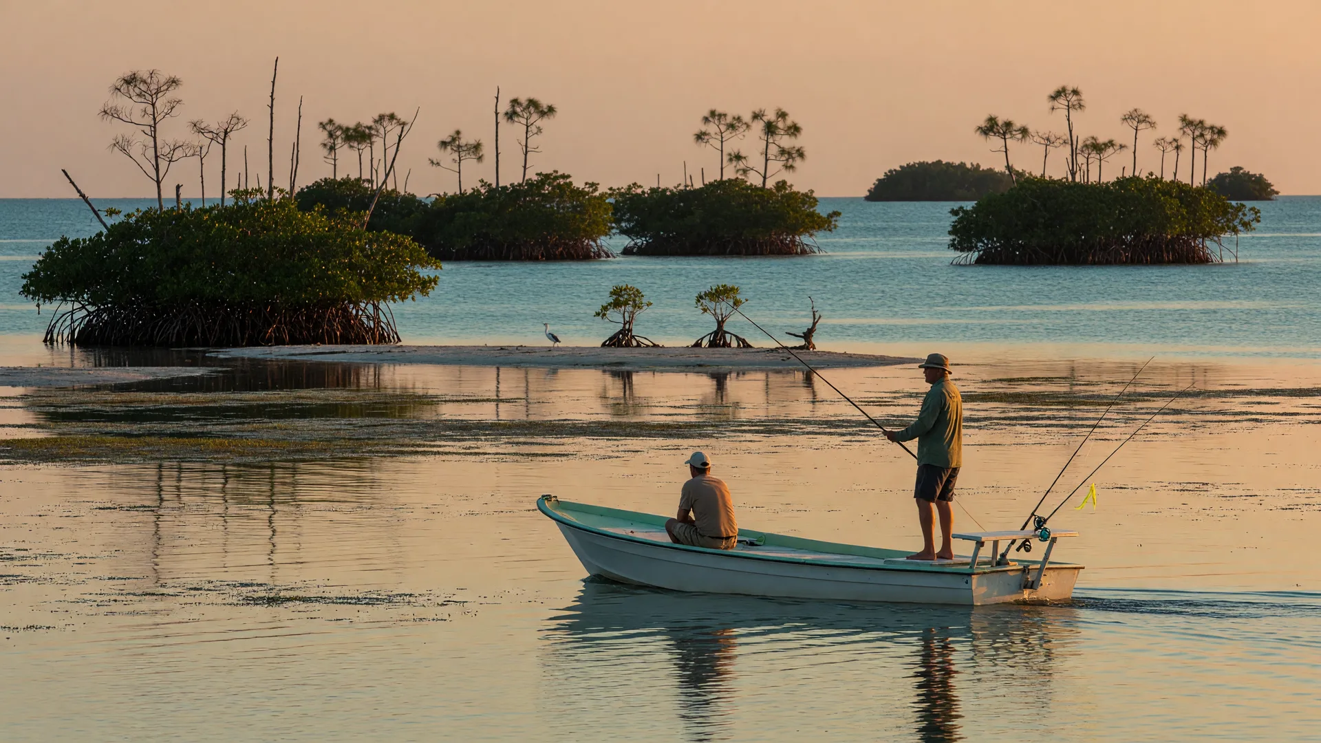 Backcountry flats fishing skiff gliding across shallow turquoise water near Big Pine Key at golden hour with a poling platform and fly rods