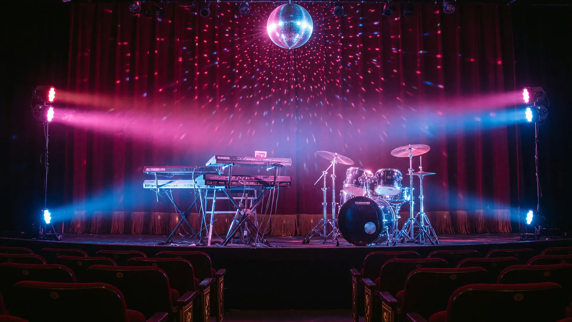 A retro 1980s tribute concert stage with synthesizers, a chrome drum kit, neon pink and blue lighting, and a disco ball in a Texas performing arts hall