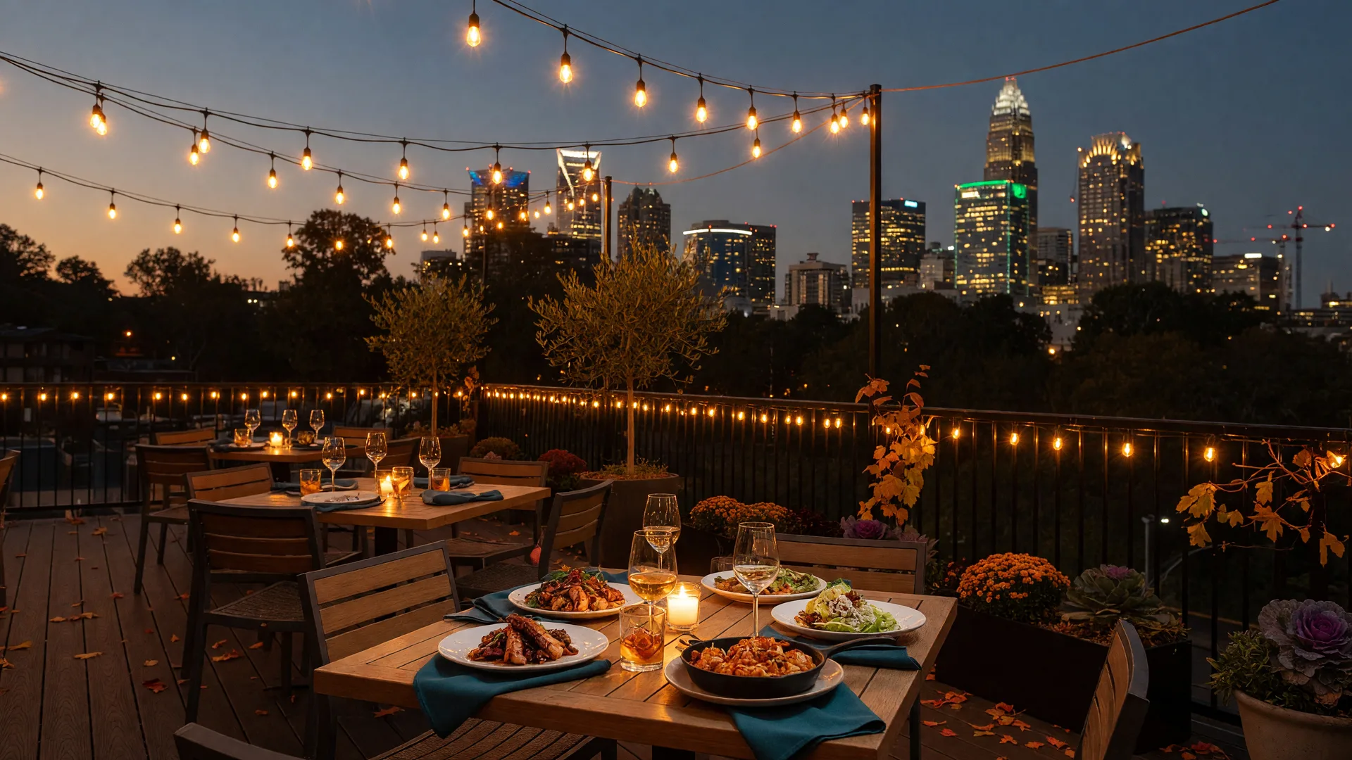 Warm string lights over a restaurant terrace in Charlotte NC at autumn dusk with the Uptown skyline in the background