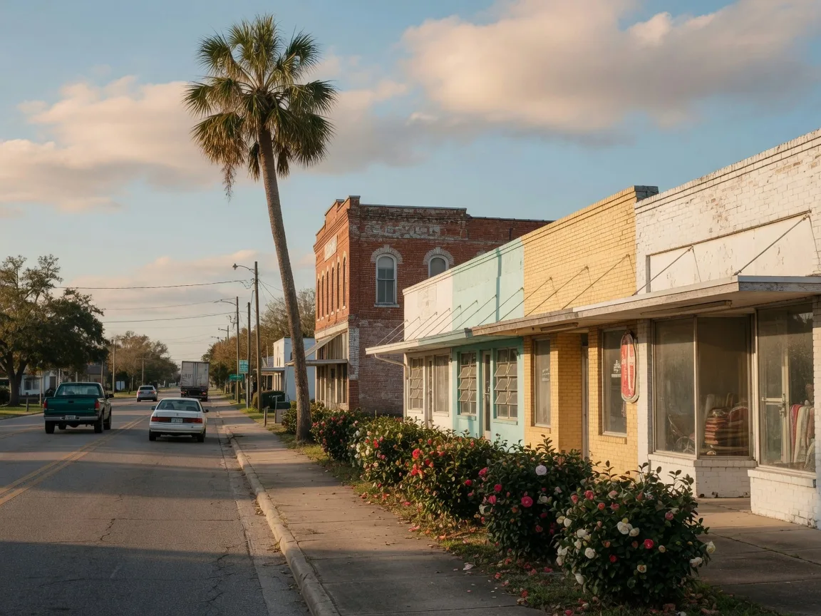 Small-town Florida main street along the old highway corridor near Polk City with vintage storefronts and a palm tree